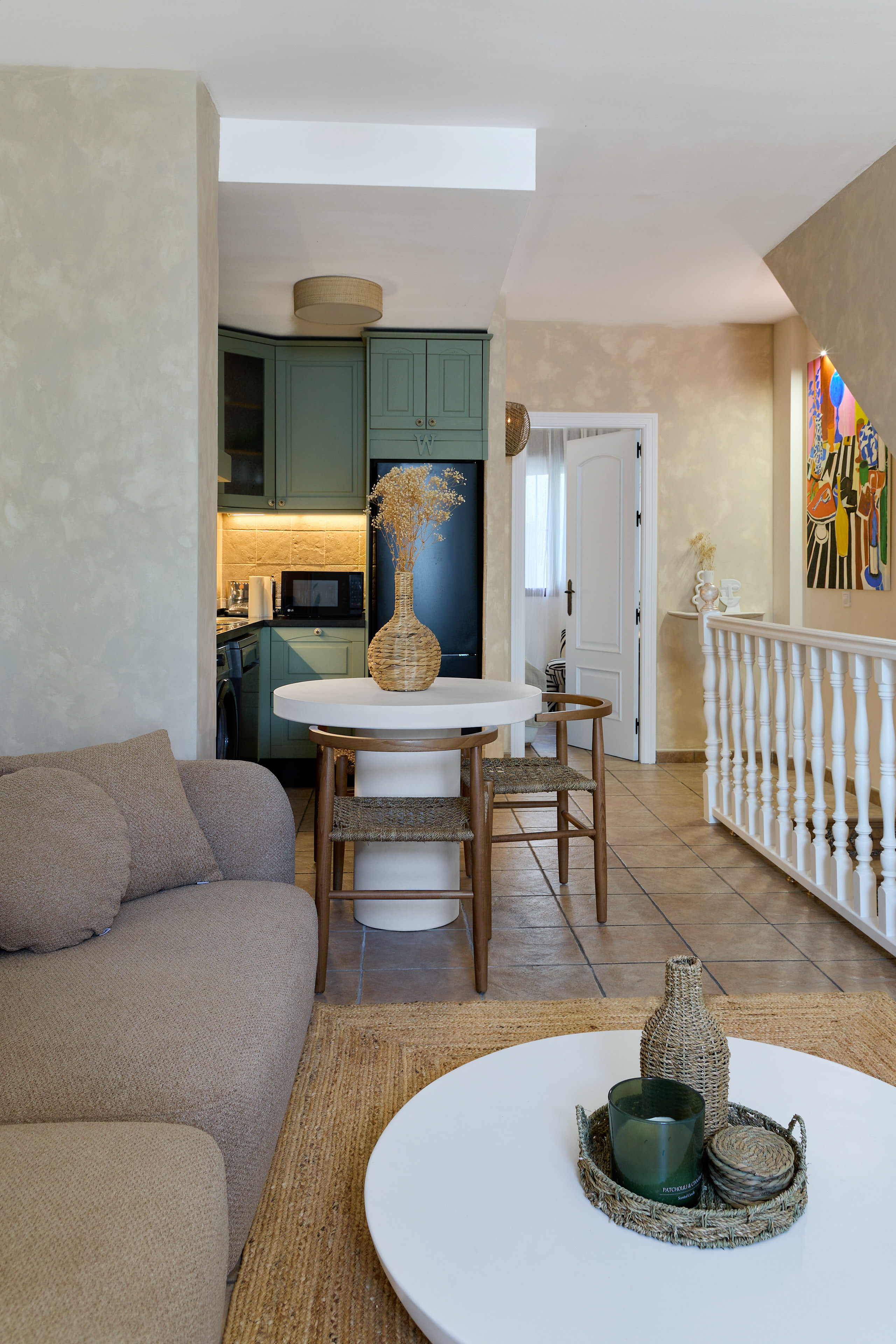 Bright neutral living room at Casa Wanda with natural textures
